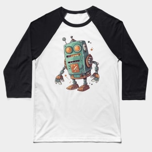 Robot, Silly Cartoon Green And Brown Robot Illustration Baseball T-Shirt